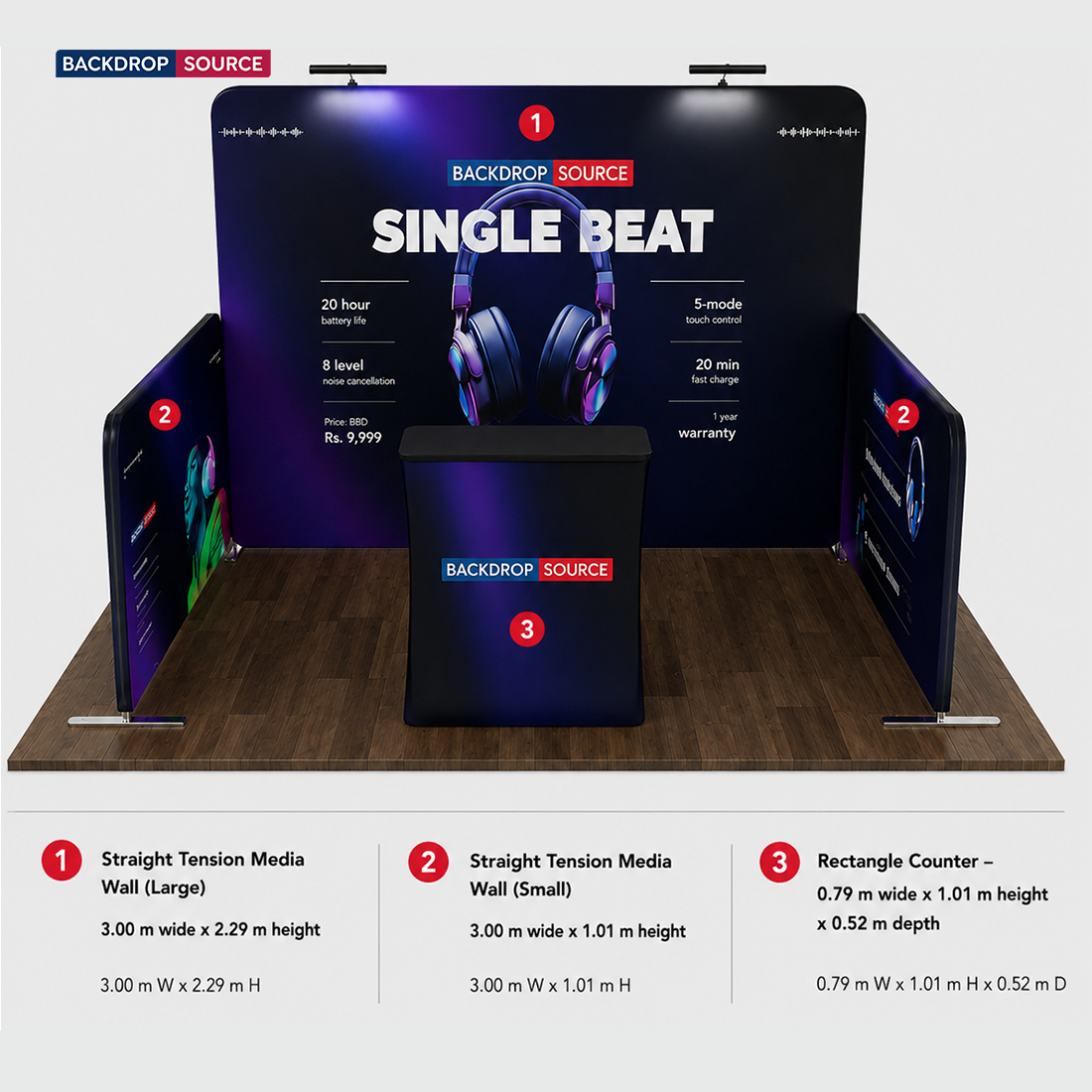 Kit de stand ultime 3m x 3m avec mur de fond, parois latérales, comptoir et éclairage