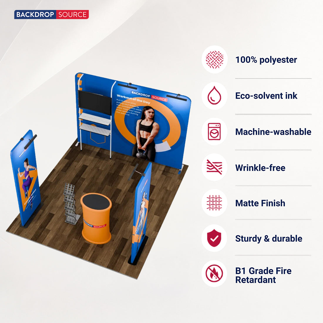 Kit de stand 3x3 m avec mur de fond, 2 bannières, support TV et comptoir ovale