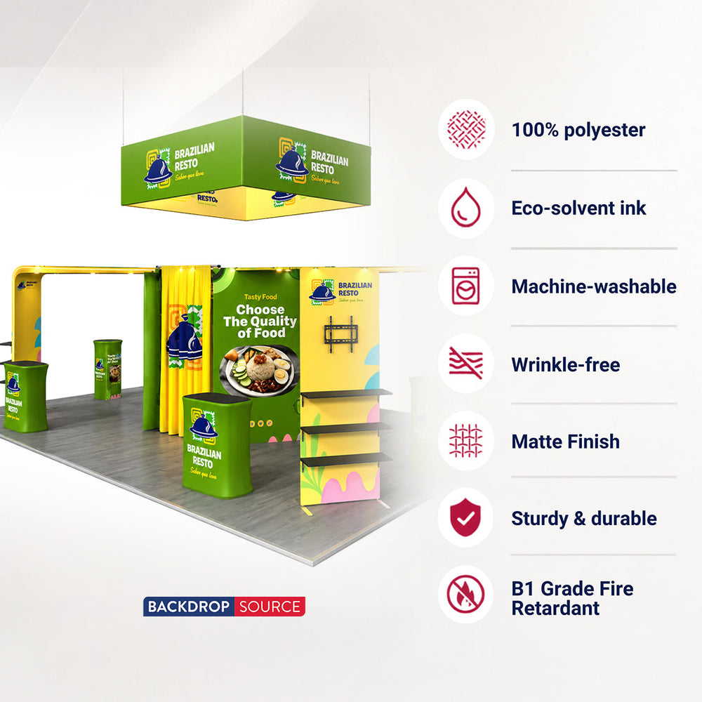 Kit de stand en îlot 9x6 m avec rayonnages hexagonaux de salon et 4 comptoirs