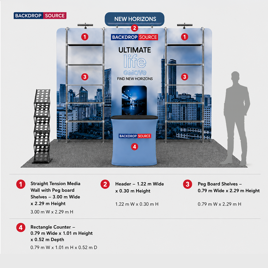 Kit de stand 3x3m avec rayonnage perforé, enseigne et comptoir