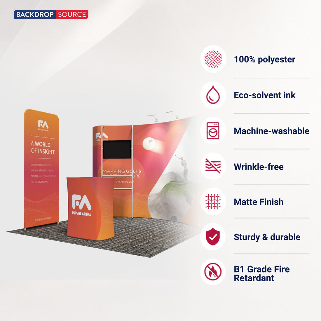 Kit de stand 3x3m avec paroi incurvée, tour porte-écran TV et bannière