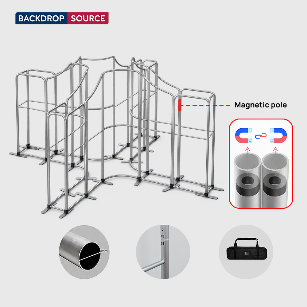 Mur de stand en tissu magnétique 5x5m avec panneaux incurvés et inclinés