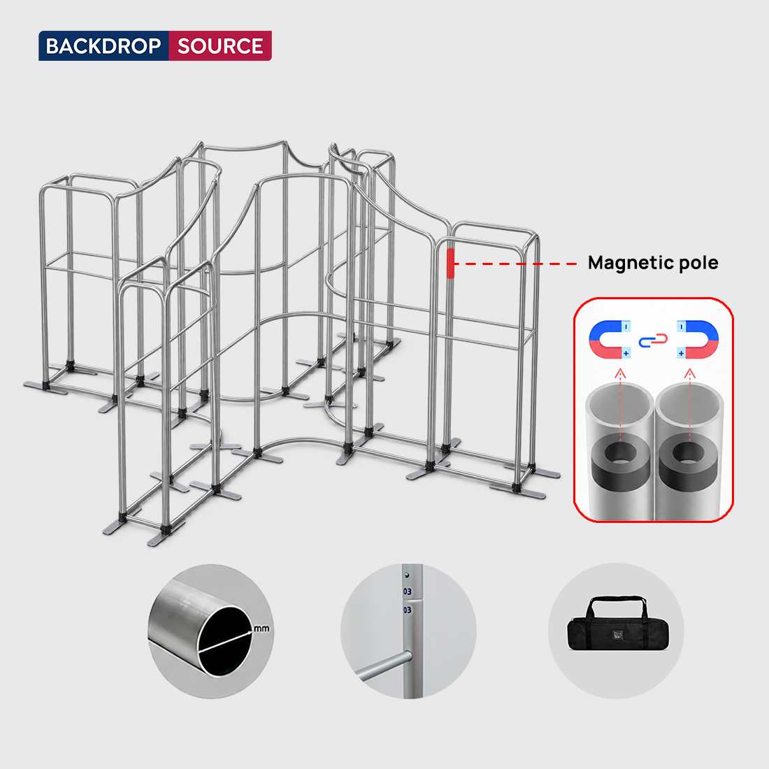 Mur de stand en tissu magnétique 5x5m avec panneaux incurvés et inclinés