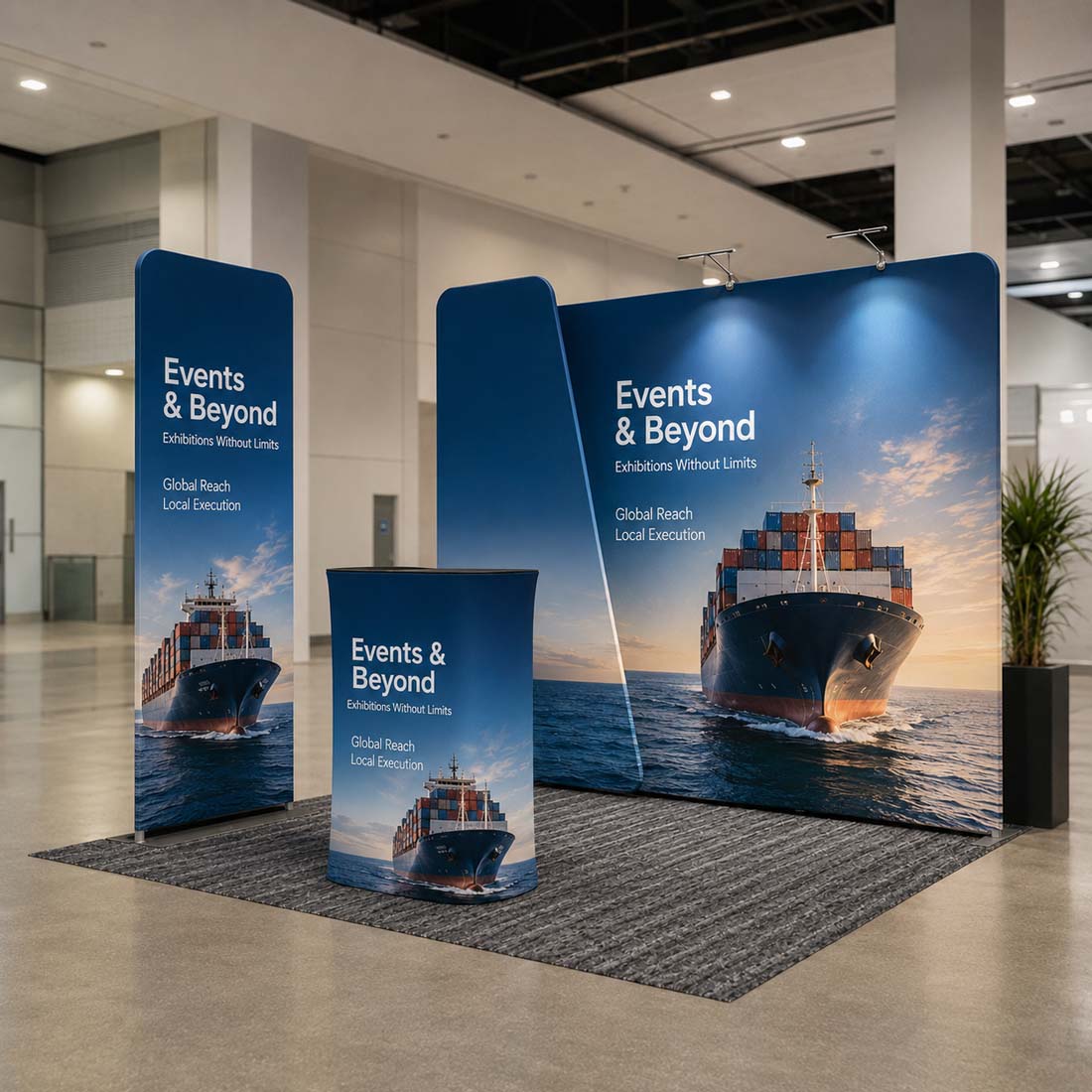 Kit de stand 3x3m avec paroi droite, présentoir en surplomb et bannière
