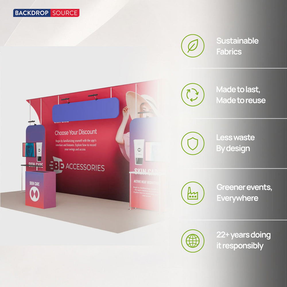 Kit de stand 6x3m avec tours incurvées, étagères et enseigne suspendue