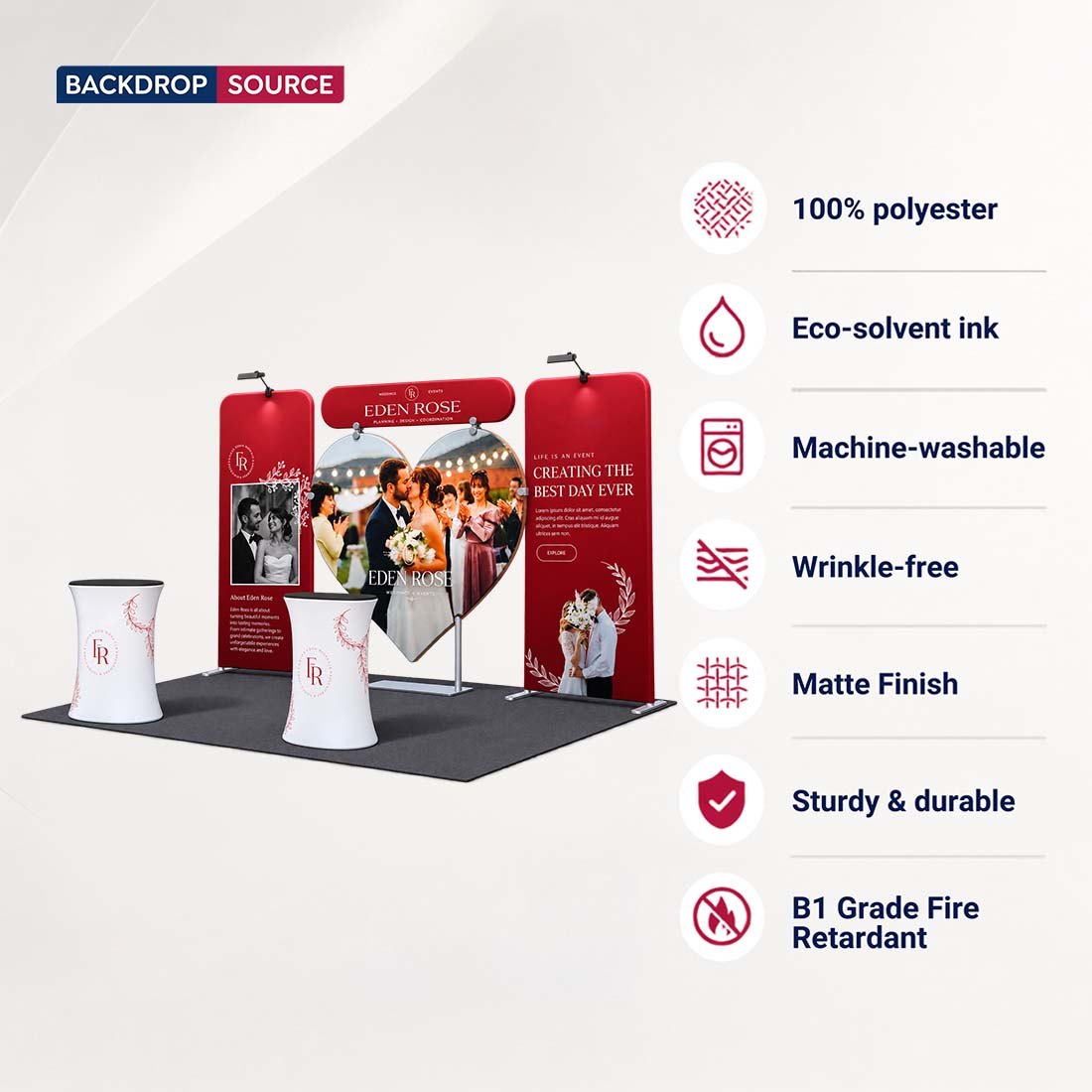 Kit de stand 3x3m avec fond en forme de cœur et 2 comptoirs ovales