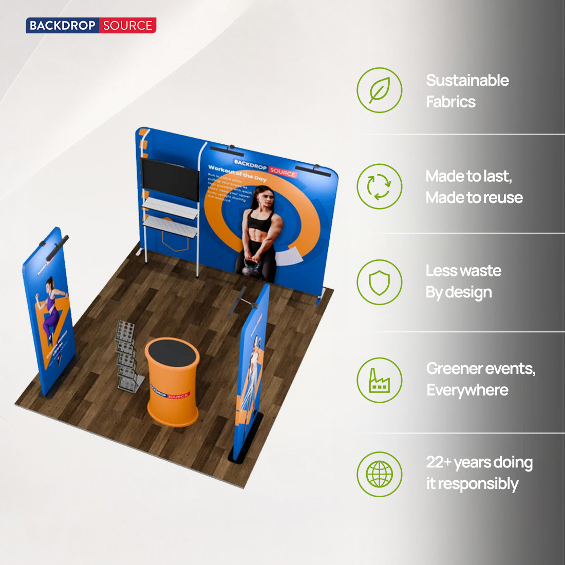 Kit de stand 3x3 m avec mur de fond, 2 bannières, support TV et comptoir ovale
