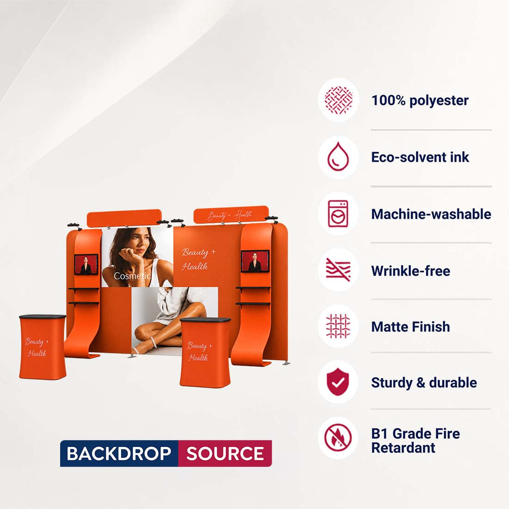 Kit de stand 3x6m avec mur de fond 6m, étagères TV en cascade et comptoirs