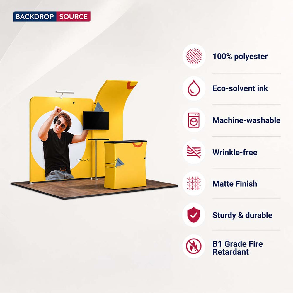 Kit stand 3x3m avec murs courbes et droits, comptoir et support TV