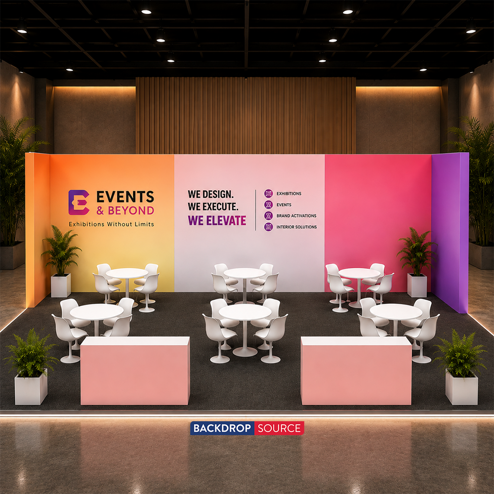 Kit de stand ouvert SEG 9x6m avec murs enveloppants et 2 comptoirs