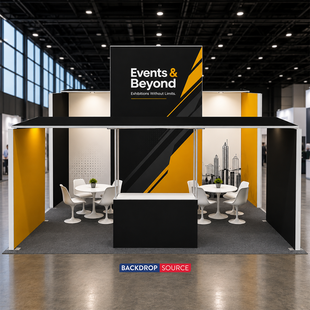 Kit de stand SEG 9x6m avec espace de réunion et comptoir-tour verrouillable