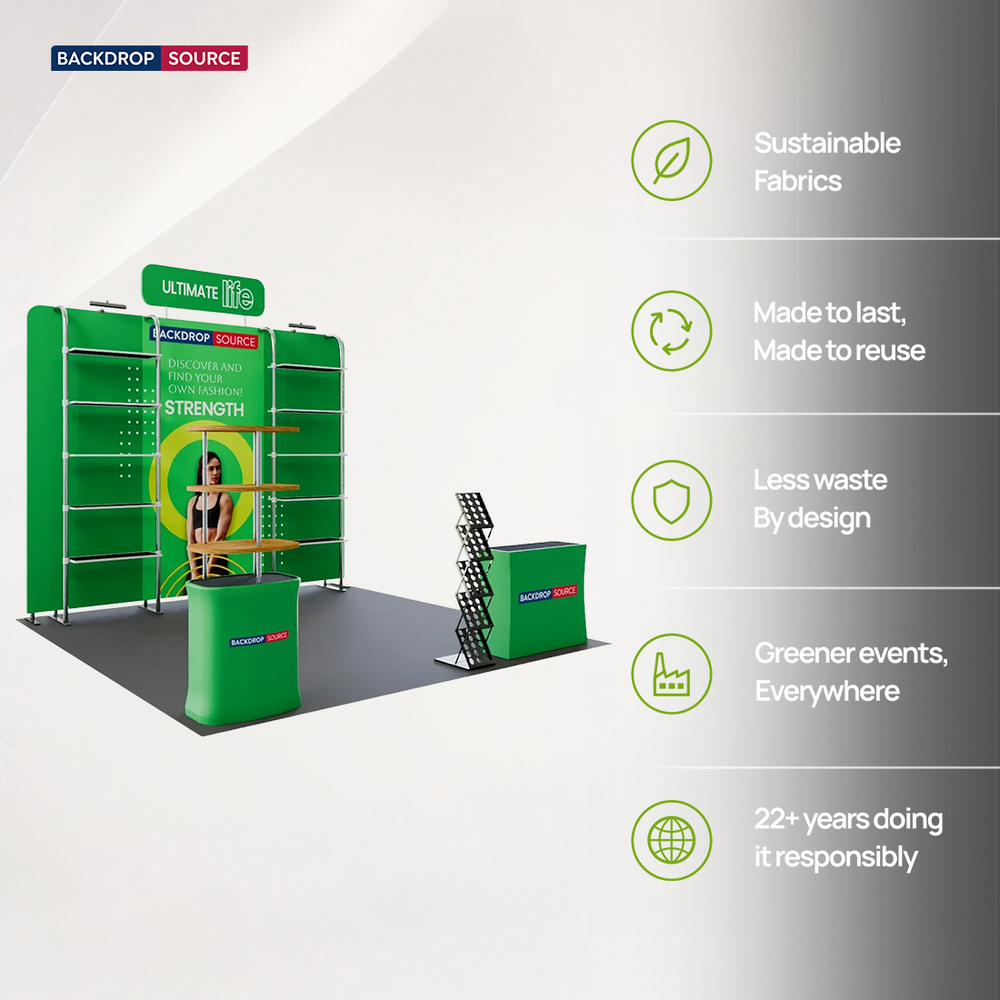 Kit de stand 3x3m avec rayonnages perforés, enseigne haute et 2 comptoirs