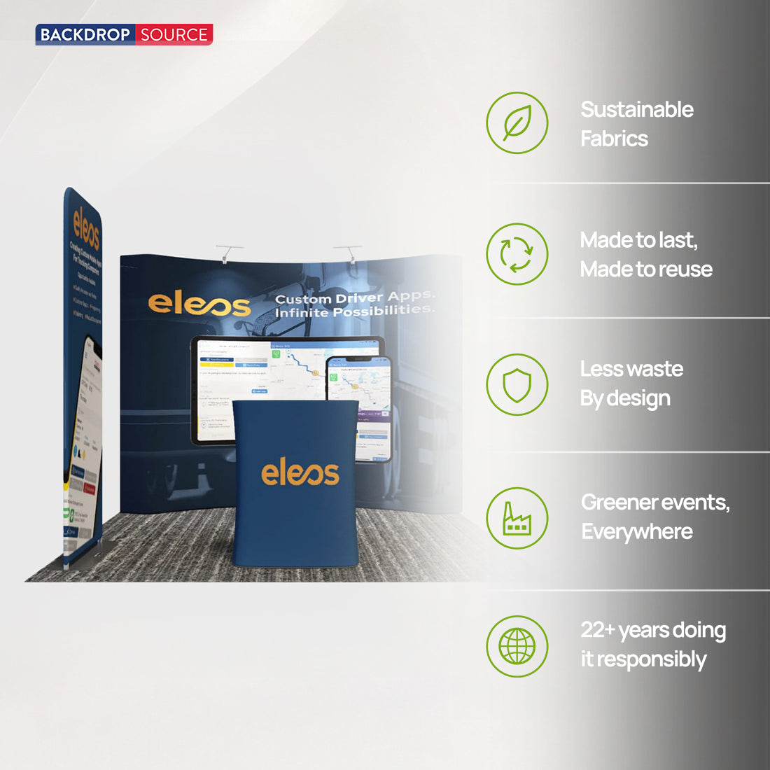Kit de stand avec mur incurvé 3x3m, kakémono et comptoir