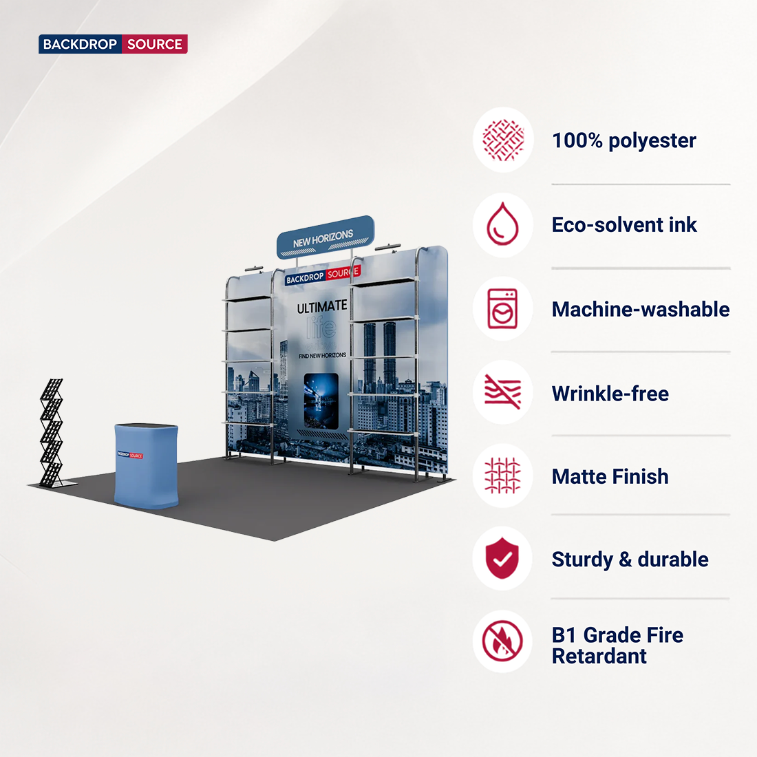 Kit de stand 3x3m avec rayonnage perforé, enseigne et comptoir