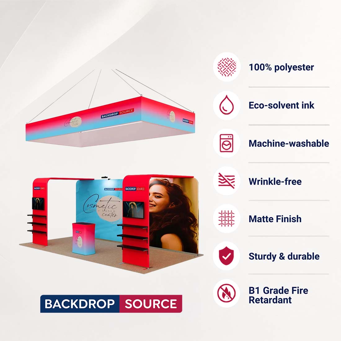 Kit de stand 3x6m avec 2 tours TV en L et bannière suspendue