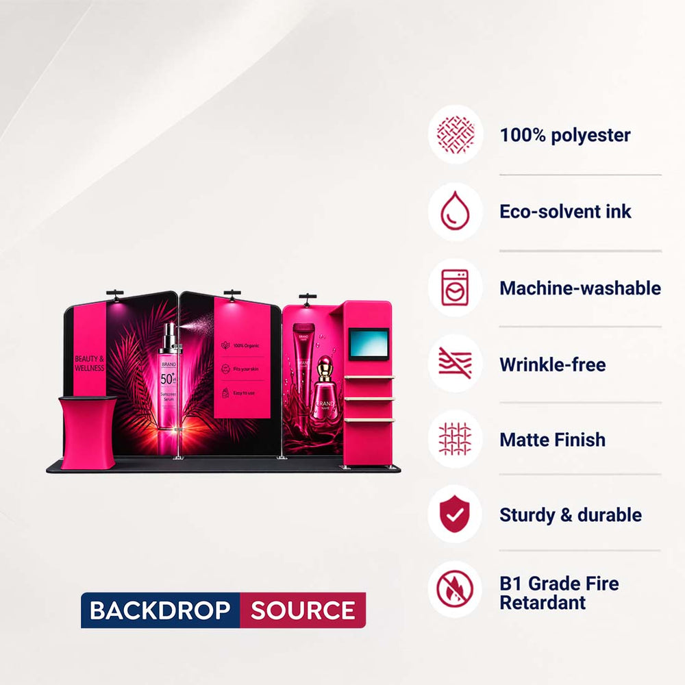 Kit de stand 3x6m avec parois inclinées, tour TV en L et comptoir