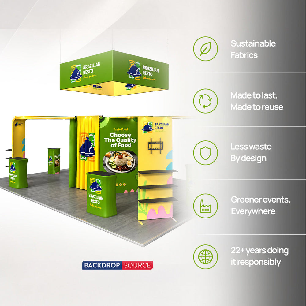 Kit de stand en îlot 9x6 m avec rayonnages hexagonaux de salon et 4 comptoirs