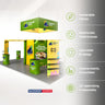 Kit de stand en îlot 9x6 m avec rayonnages hexagonaux de salon et 4 comptoirs