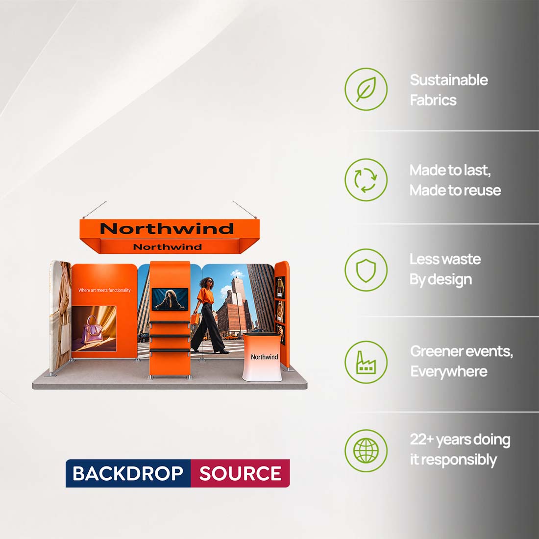 Kit de stand magnétique 3x6m avec tour TV en L et bannière suspendue