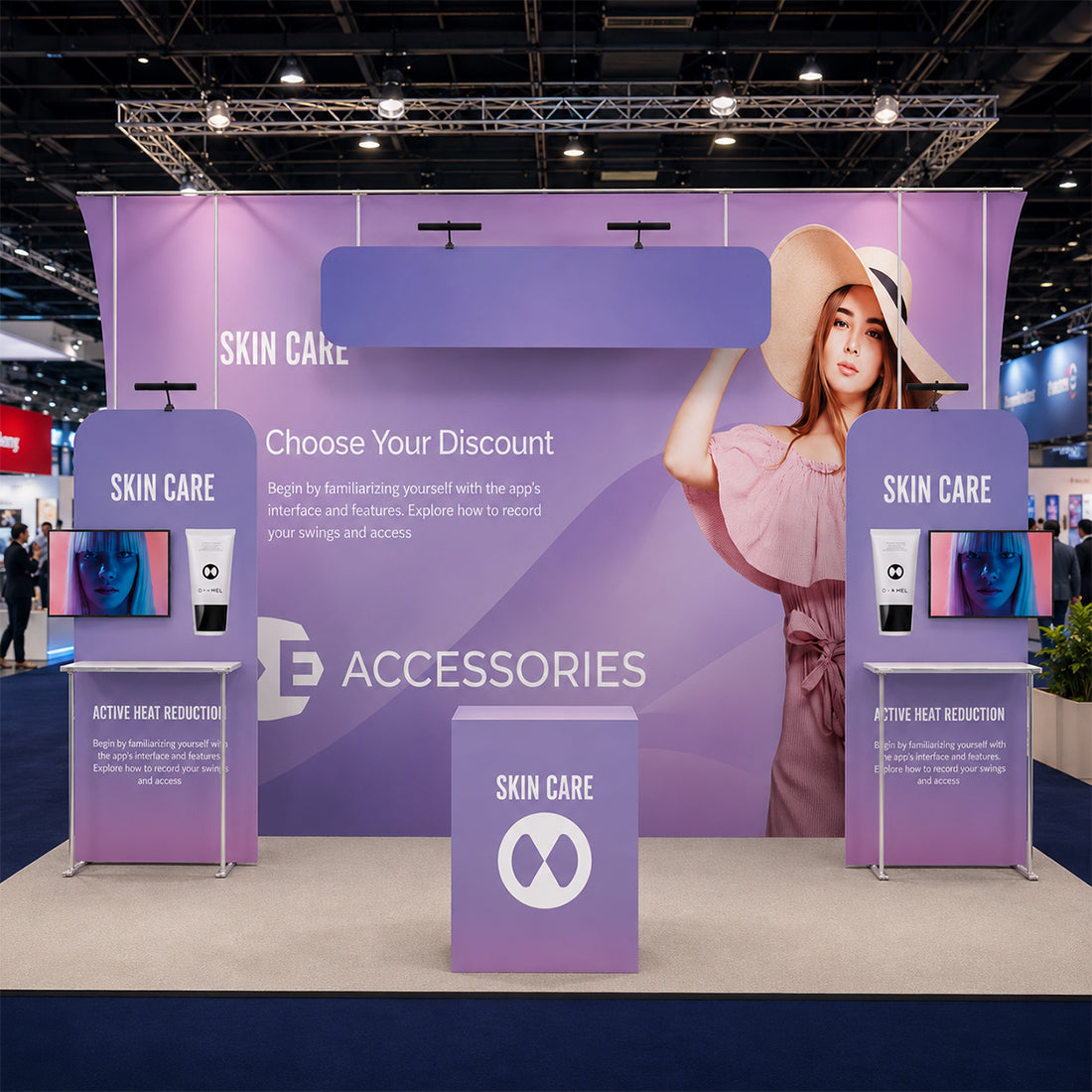 Kit de stand 6x3m avec tours incurvées, étagères et enseigne suspendue