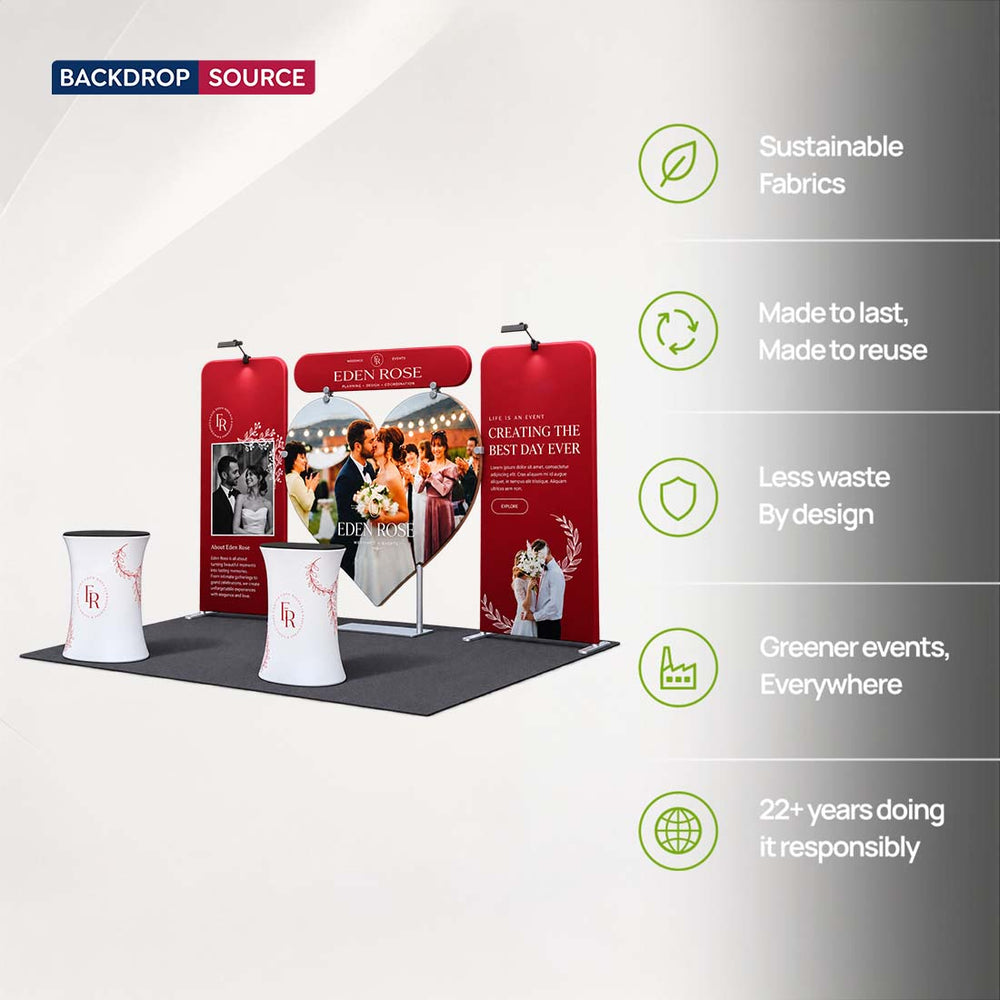 Kit de stand 3x3m avec fond en forme de cœur et 2 comptoirs ovales