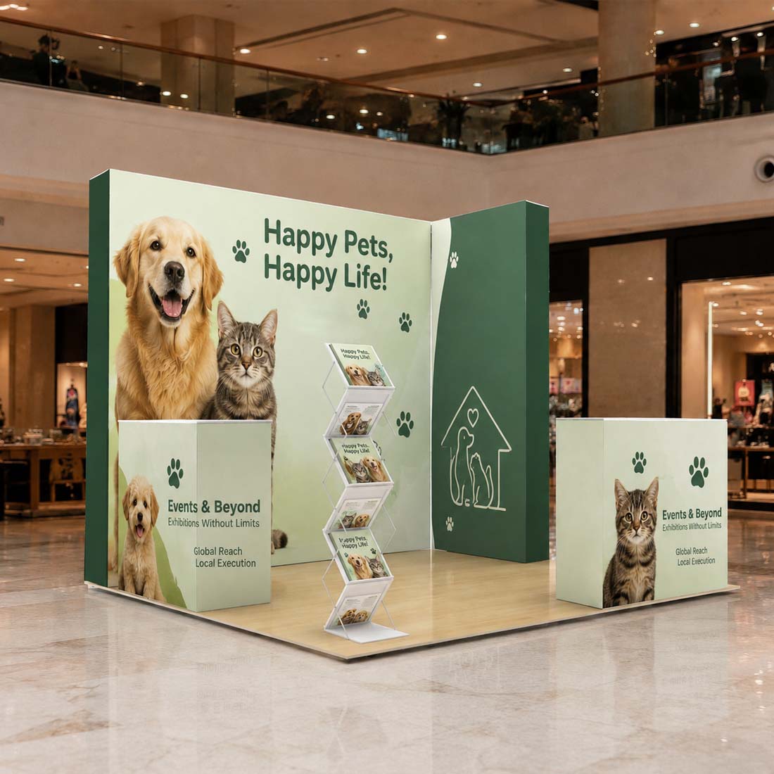Kit de stand d'angle 3D Media Wall 3x3m avec 3 comptoirs