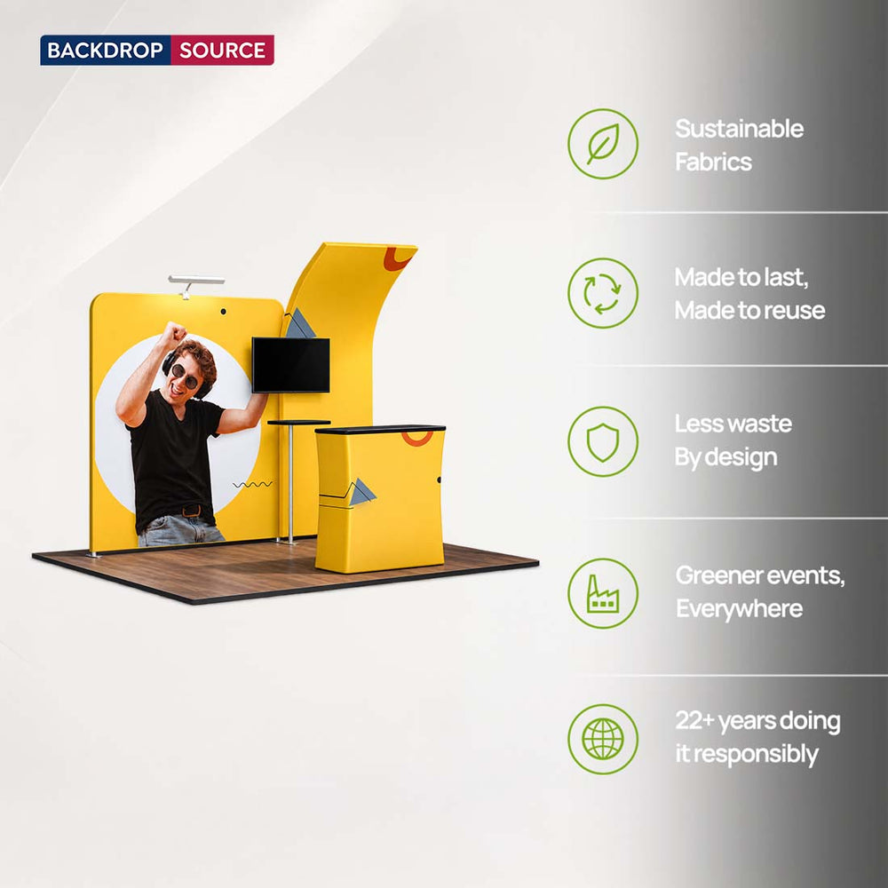 Kit stand 3x3m avec murs courbes et droits, comptoir et support TV