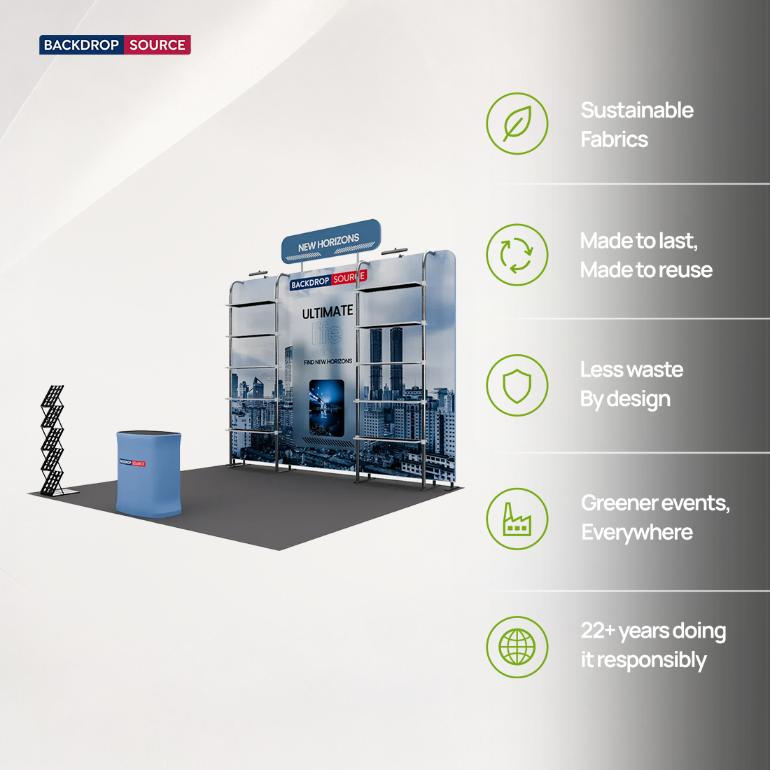 Kit de stand 3x3m avec rayonnage perforé, enseigne et comptoir