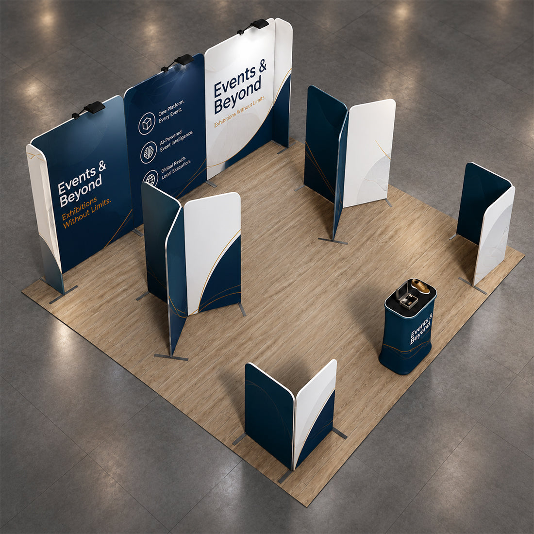 Kit de stand magnétique 6x6m avec cloisons en Y et comptoir d'accueil
