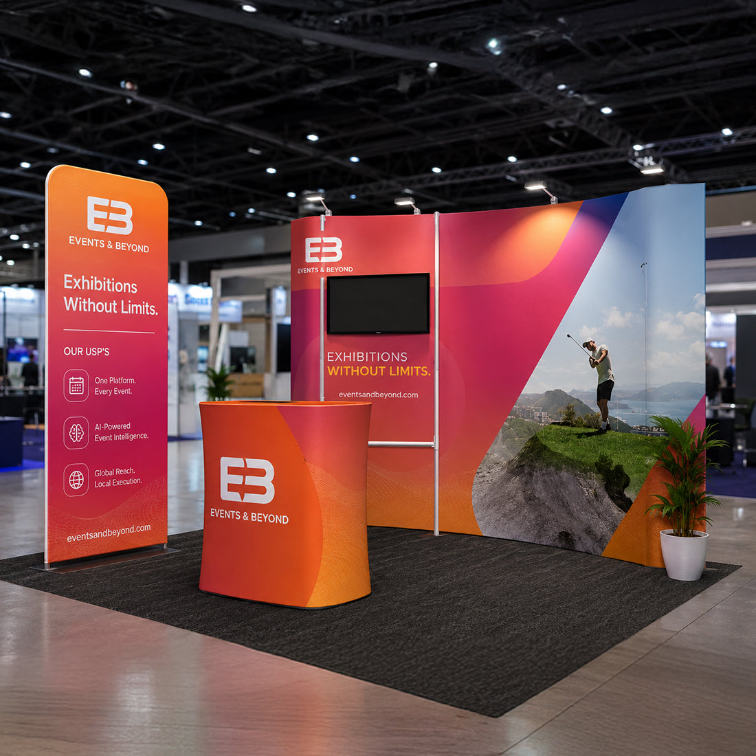 Kit de stand 3x3m avec paroi incurvée, tour porte-écran TV et bannière