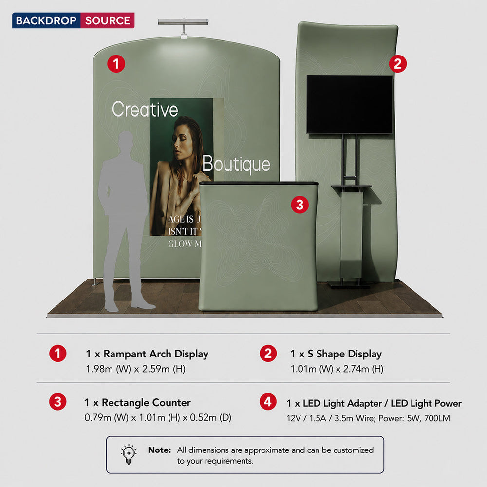 Kit de stand 3x3m avec paroi en S et arche inclinée, comptoir et écran TV