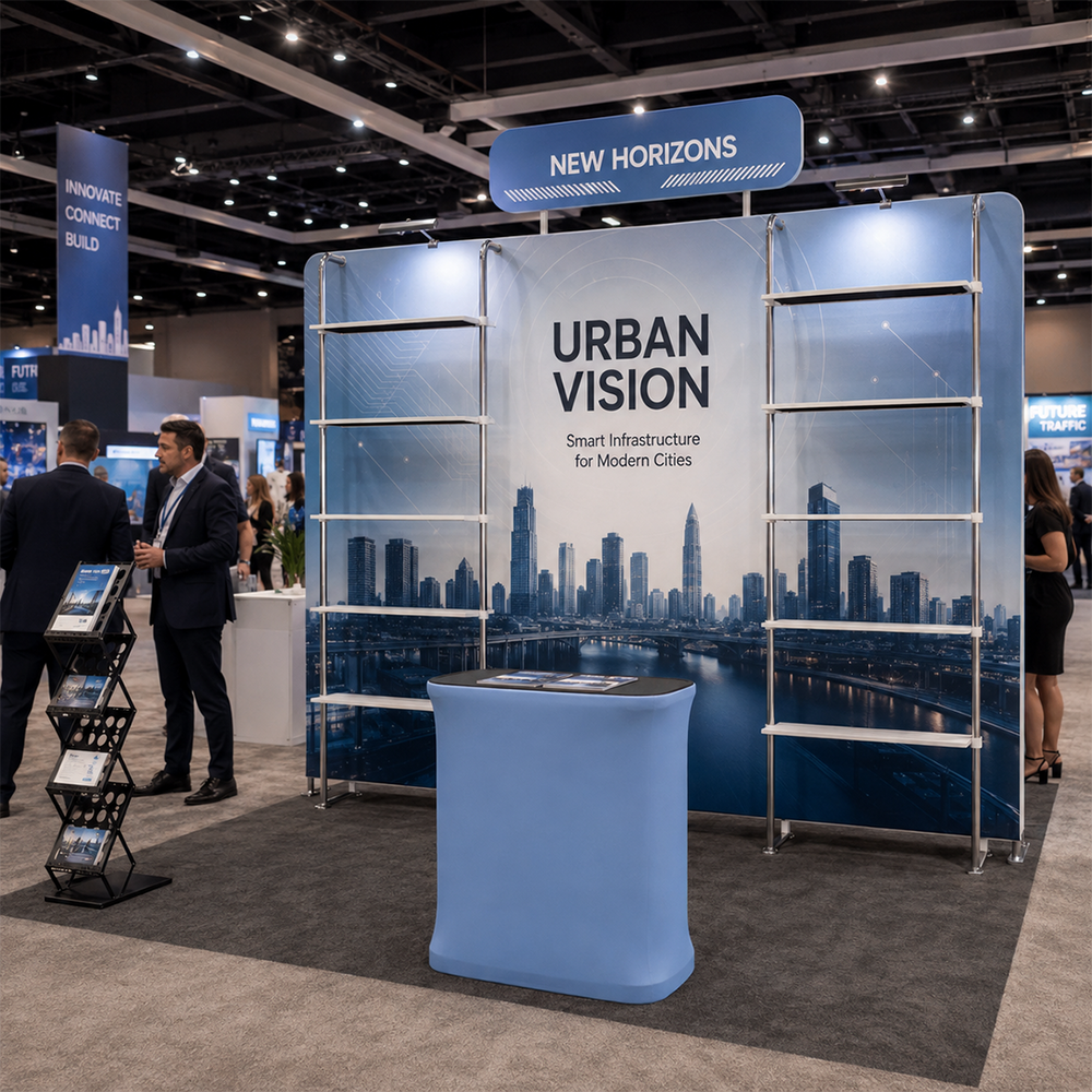 Kit de stand 3x3m avec rayonnage perforé, enseigne et comptoir