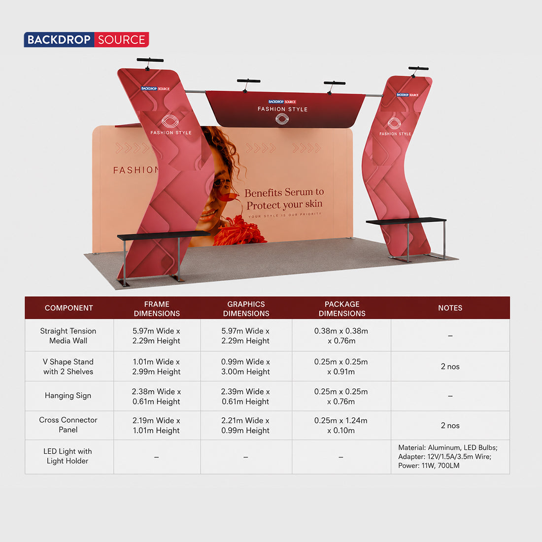 6x3m Booth Kit with 6m Backwall, V-Shape Shelving & Sign