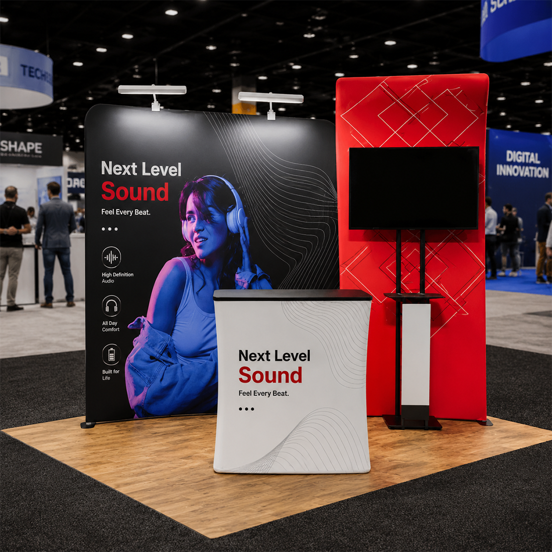 3x3m Booth Kit with S-Curve Panel & Inclined Wall, Counter & TV