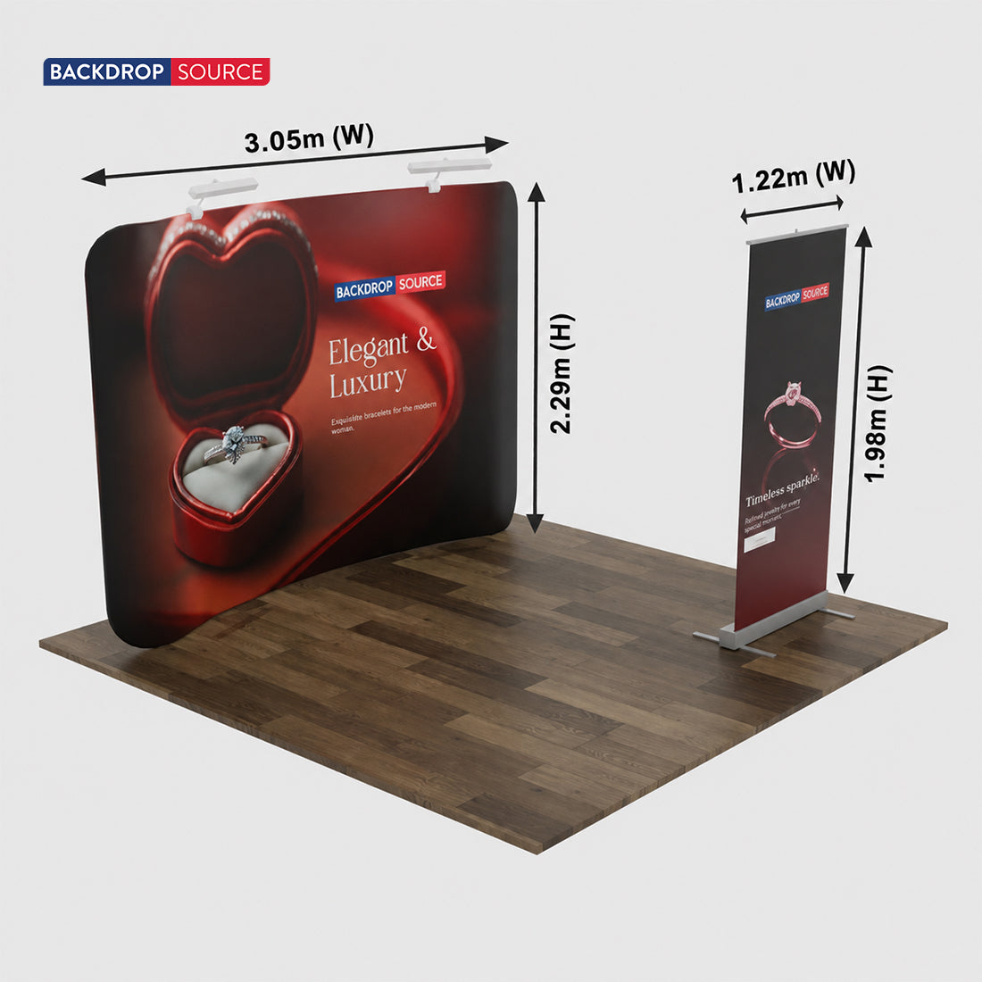 Kit de stand d'exposition 3x3m avec mur arrière et kakemono sur enrouleur