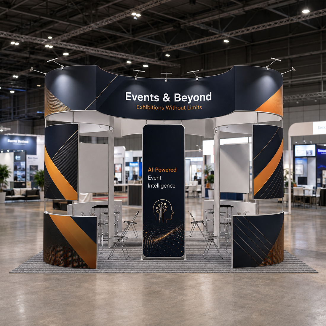 Stand îlot de 6x6 m avec panneaux muraux incurvés et étagères d'exposition