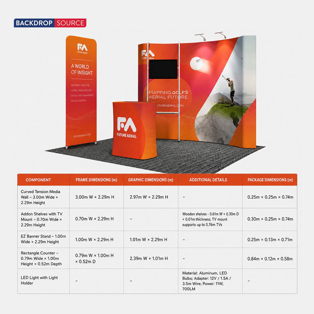 Kit de stand 3x3m avec paroi incurvée, tour porte-écran TV et bannière