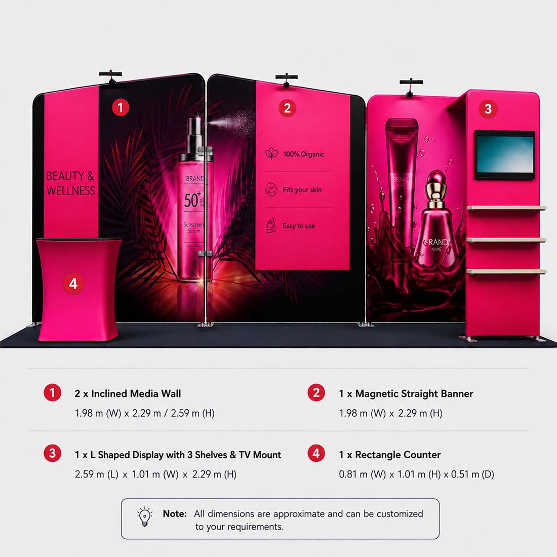 Kit de stand 3x6m avec parois inclinées, tour TV en L et comptoir