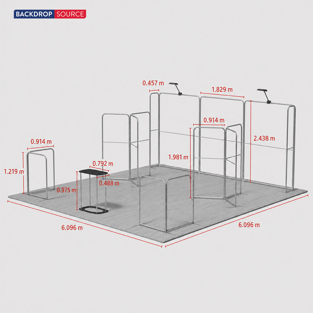 Kit de stand magnétique 6x6m avec cloisons en Y et comptoir d'accueil