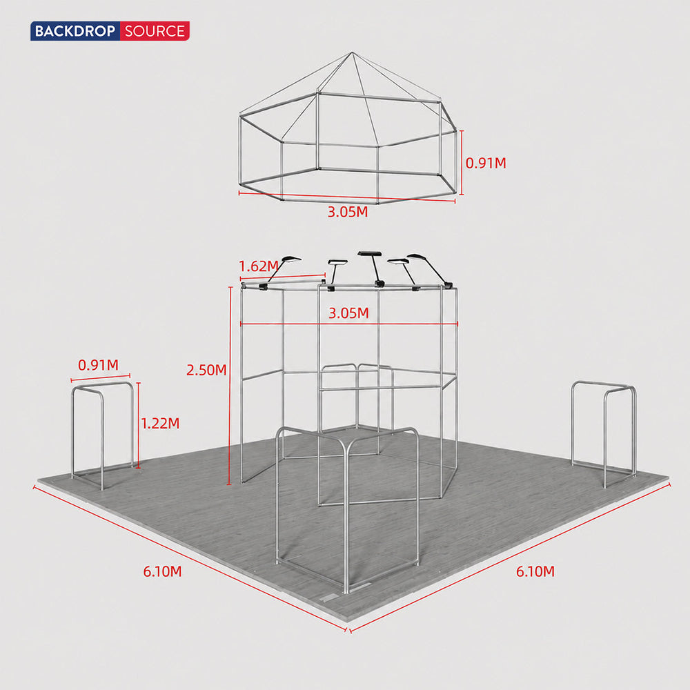 6x6m Island Booth with Hexagon Lounge Enclosure & Hanging Sign