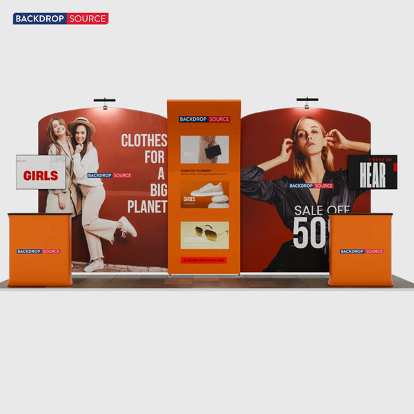 Kit de stand 6x3m avec murs incurvés et inclinés, 2 comptoirs et téléviseurs