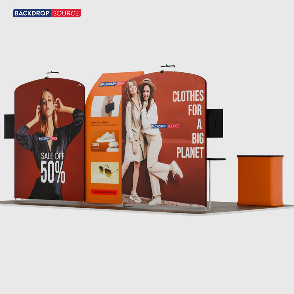 Kit de stand 6x3m avec murs incurvés et inclinés, 2 comptoirs et téléviseurs
