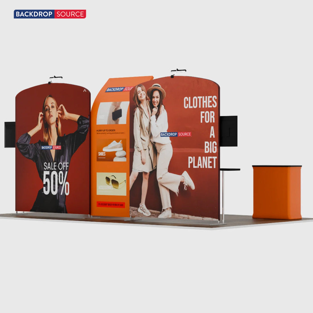 Kit de stand 6x3m avec murs incurvés et inclinés, 2 comptoirs et téléviseurs