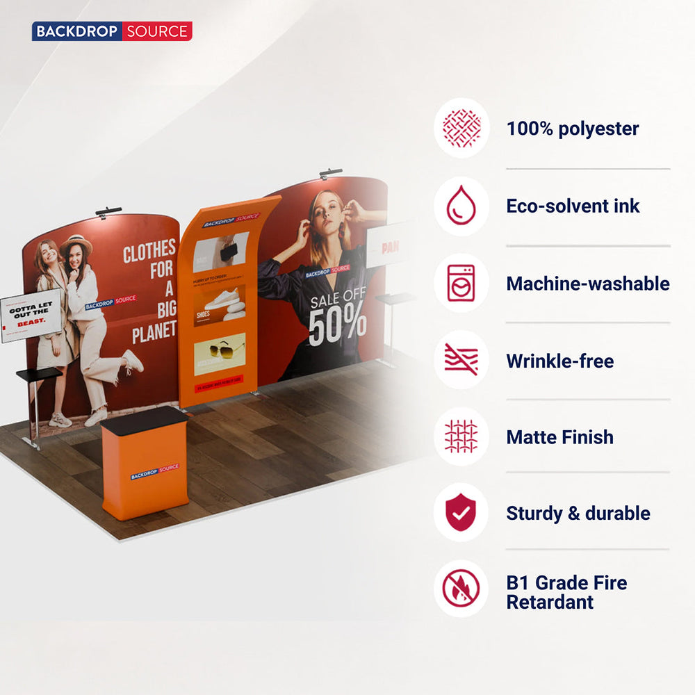 Kit de stand 6x3m avec murs incurvés et inclinés, 2 comptoirs et téléviseurs