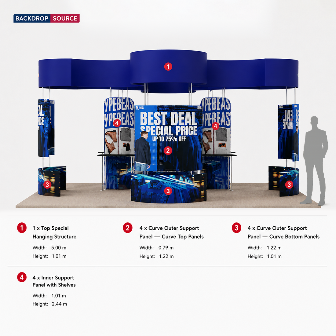 Stand îlot de 6x6 m avec panneaux muraux incurvés et étagères d'exposition