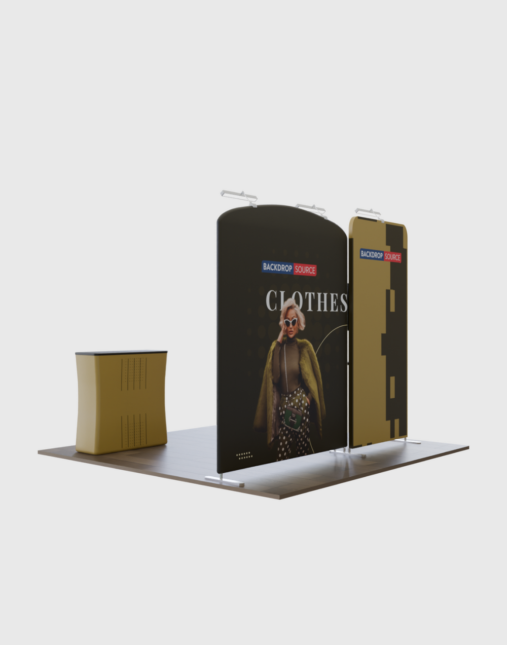 Kit de stand 3x3m avec cloisons inclinées et droites, comptoir et support TV