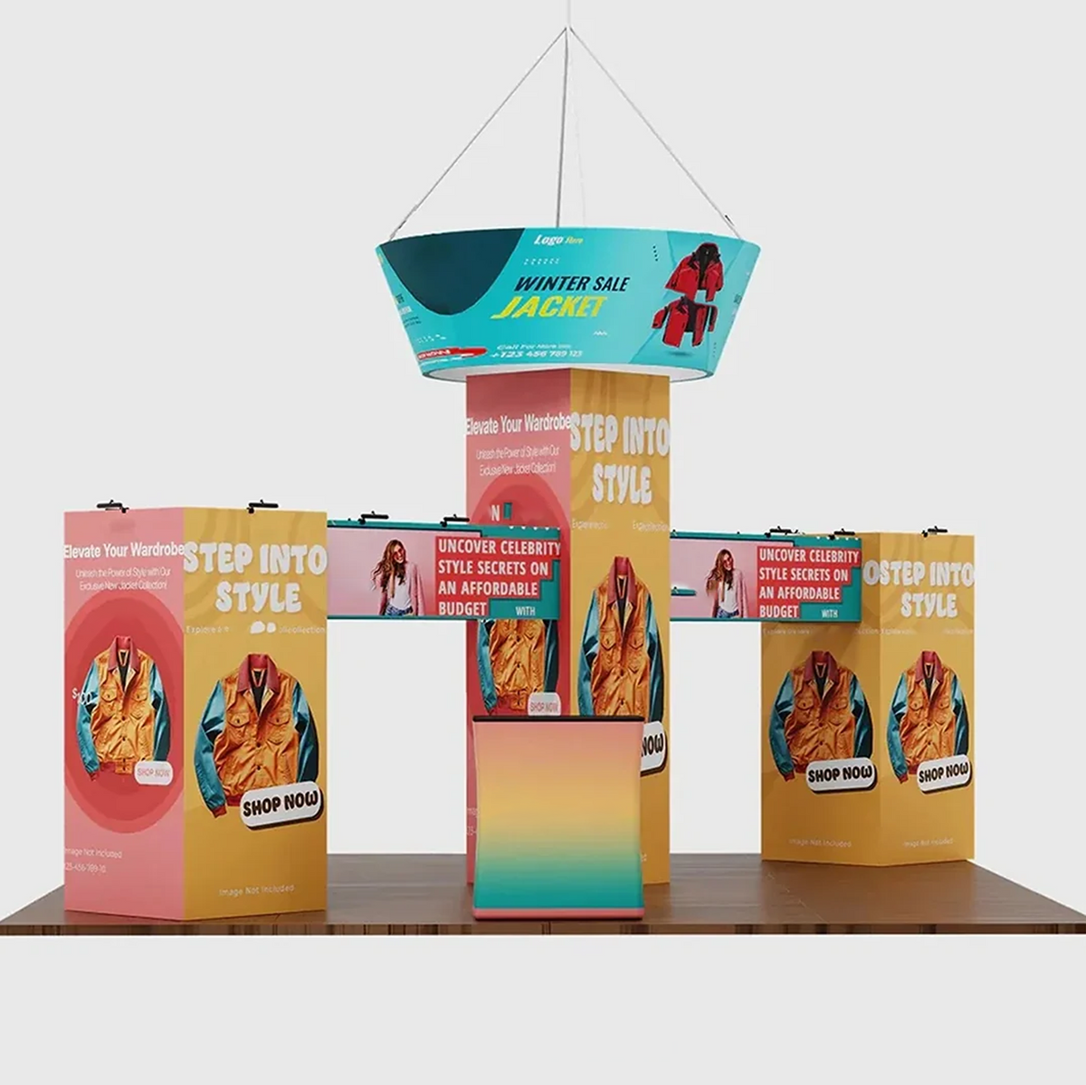 9x6m Cubic Tower Booth Kit with Hanging Banner & 2 Counters