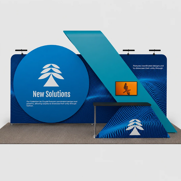 Kit de stand 6x3m avec mur de fond de 6m, présentoir circulaire et arche pour écran TV