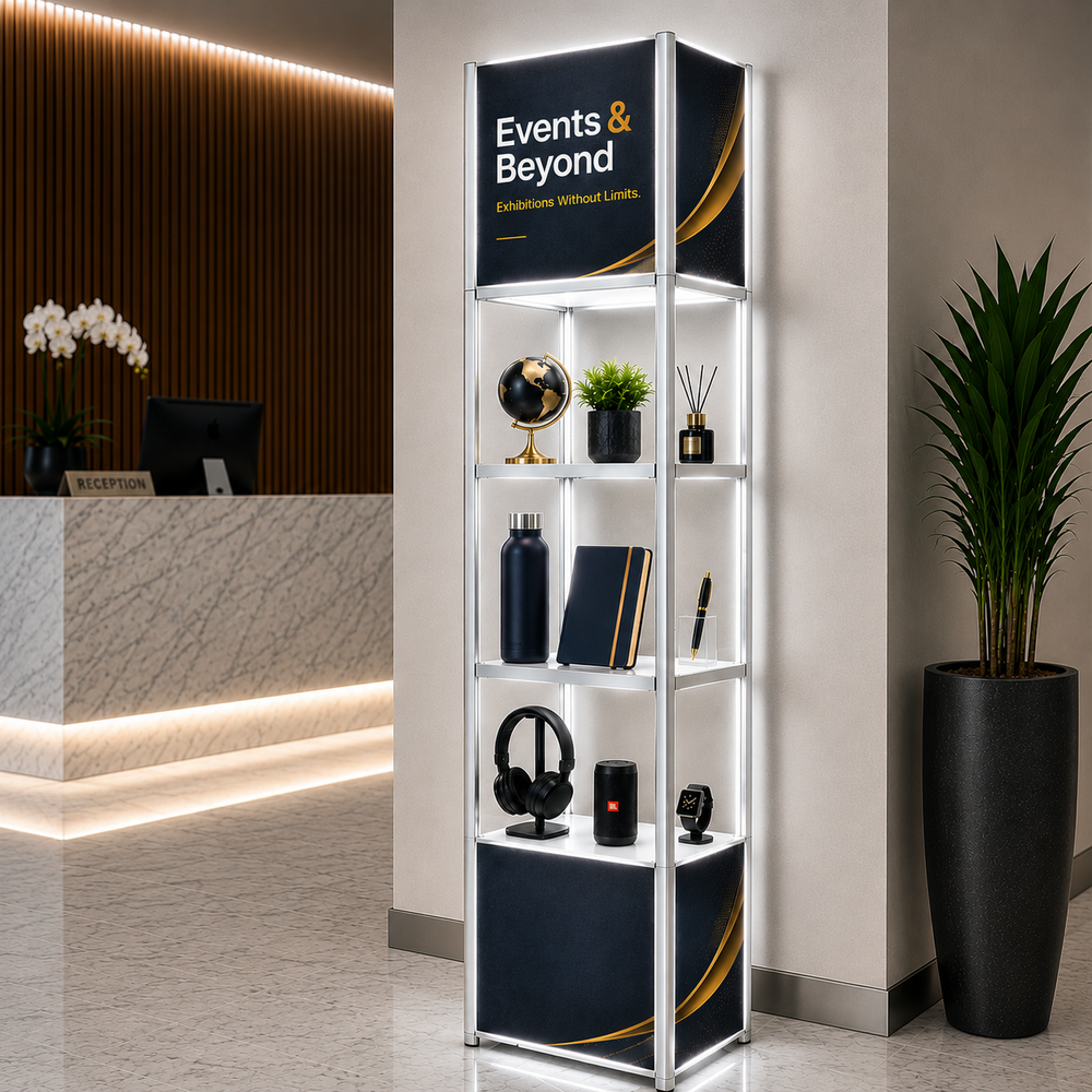 Présentoir tour en spirale en aluminium portable carré - 5 niveaux d'étagères