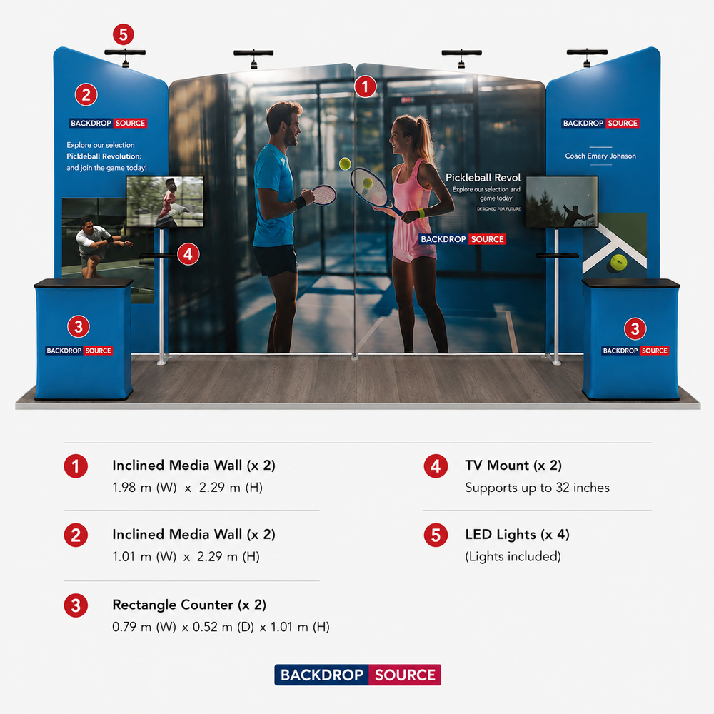 Kit de stand 6x3m avec quatre parois inclinées et 2 comptoirs
